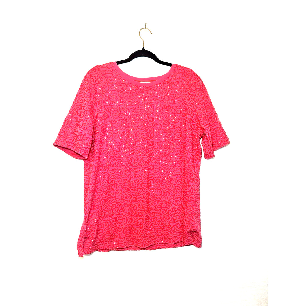 Isaac Mizrahi Live! Sequin Short Sleeve Hot Pink NWOT SZ L Holiday Resort Cruise